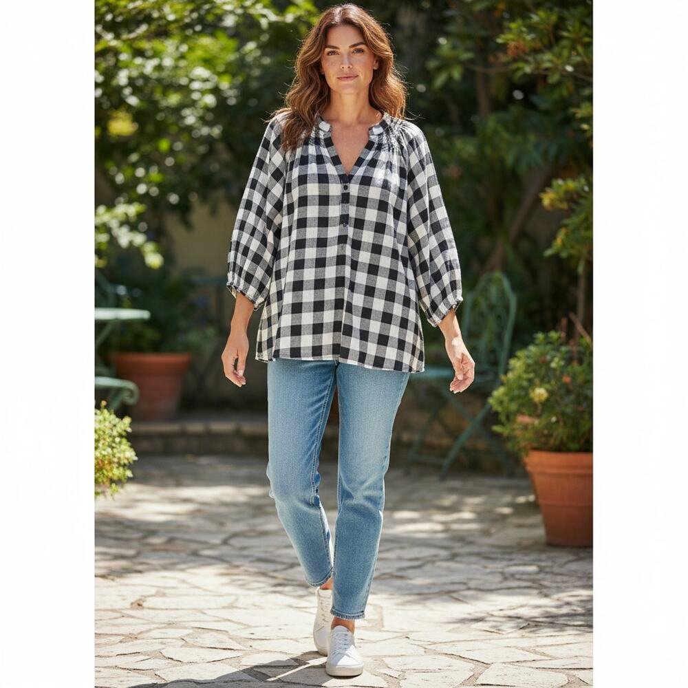 Buffalo Check Print Top Womens size Large Black & White Button Down Puff Sleeves
